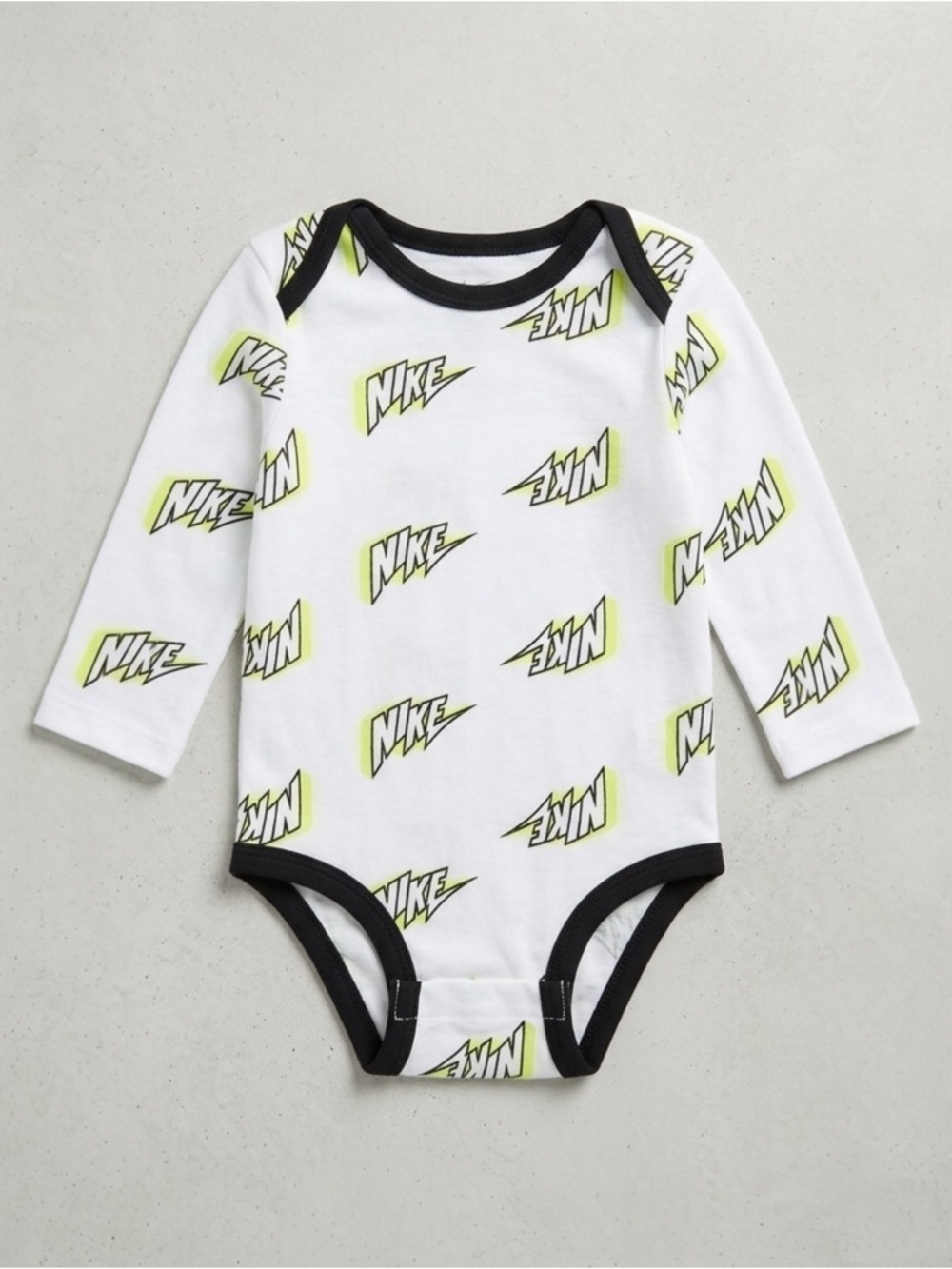 Nike Baby Boys Long Sleeve Bodysuit Neon Green All Over Logo Print Size 6 Months